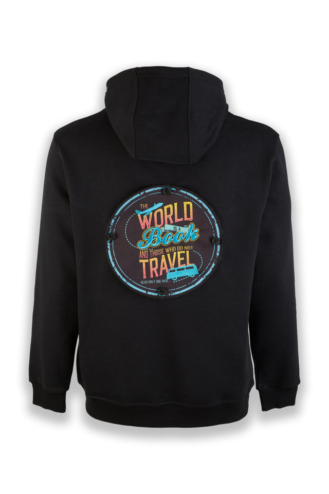 World is a Book Nomad Fleece Hoodie "back badge"