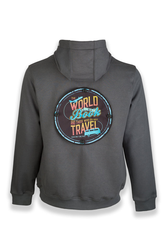World is a Book Nomad Fleece Hoodie "back badge"